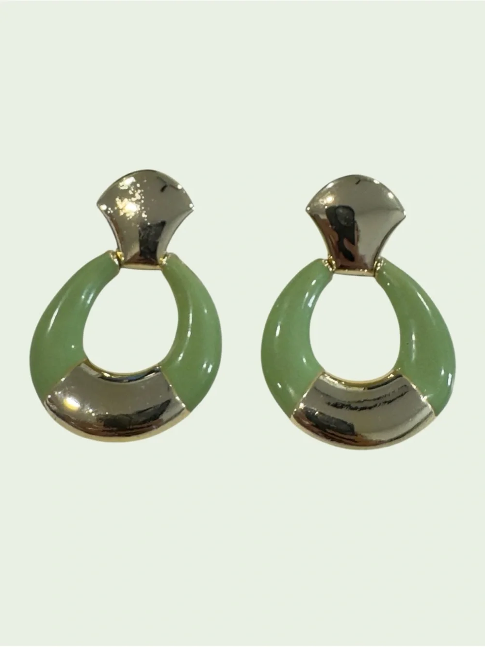 Retro Mint Green Enamel Gold Tone Earrings, 80’s inspired, geometric